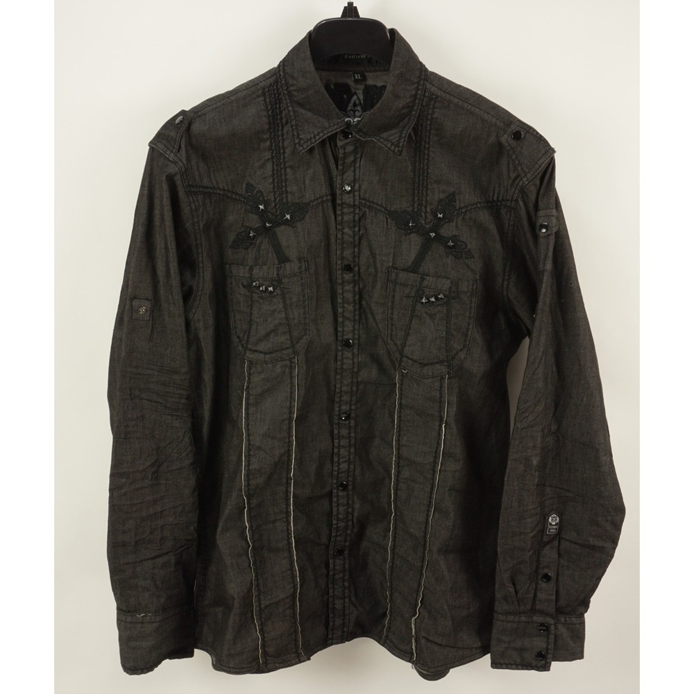 Roar Revolution 3D Geometric Studded‎ Embroidered Roll Tab Snap Front Shirt XL